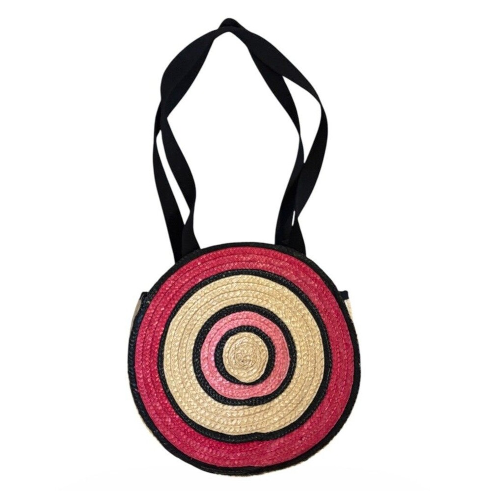 Woven Straw Round Crossbody Purse Pink Tan Black Circle Boho Beach Shoulder Bag